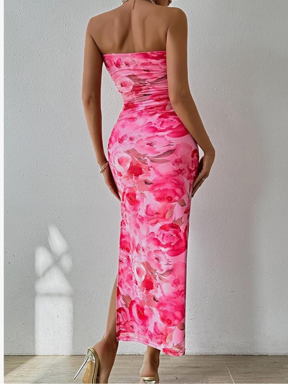 Strapless Pink Floral Midi Dress - Picture 2 of 2
